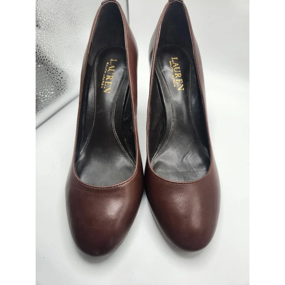Lauren Ralph Lauren Womens Brown Leather‎ Block Heel Almond Toe Pumps Size 8B
